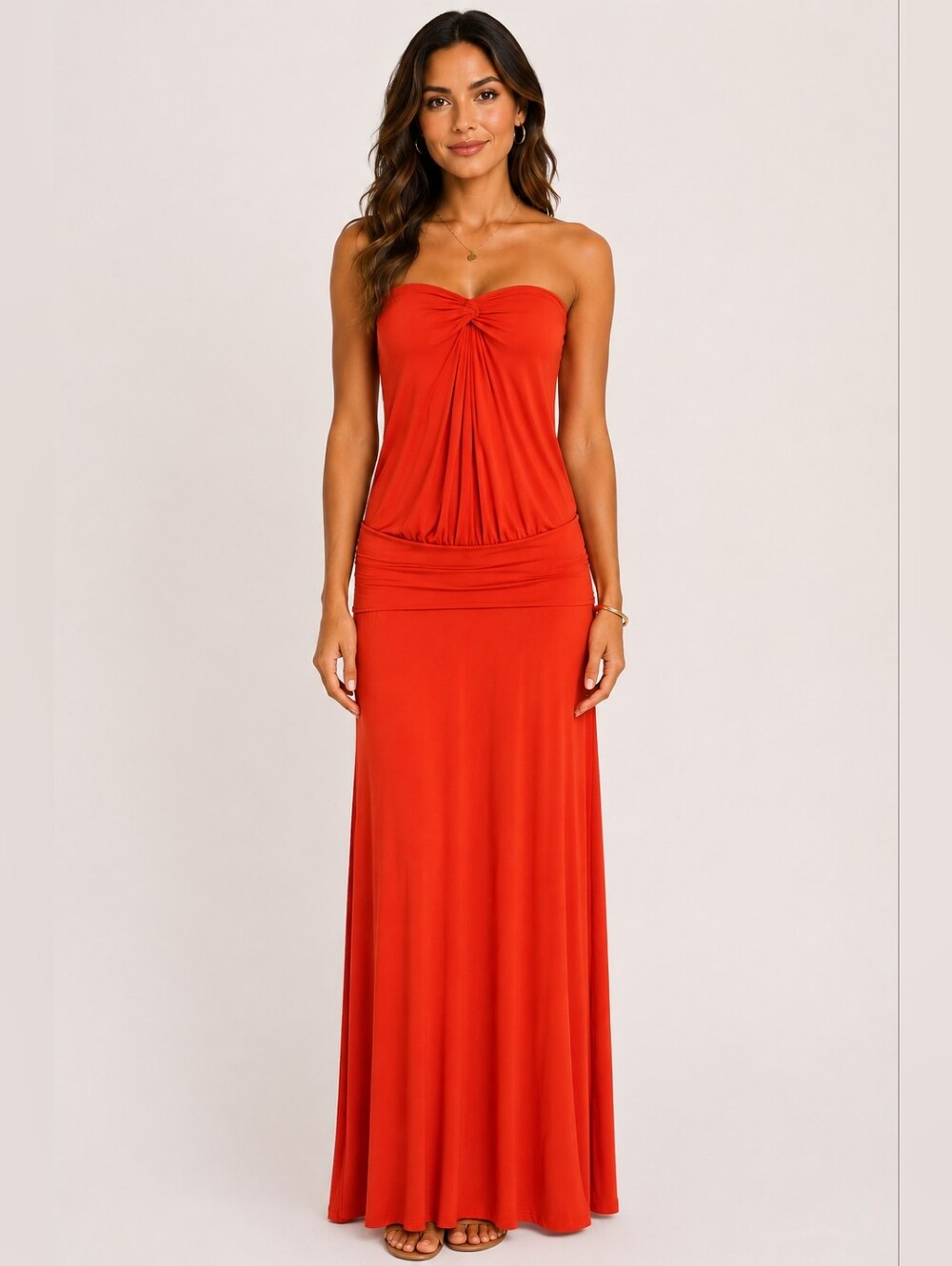 Gracia Fashion Coral Orange Strapless Twist Front Maxi Dress S